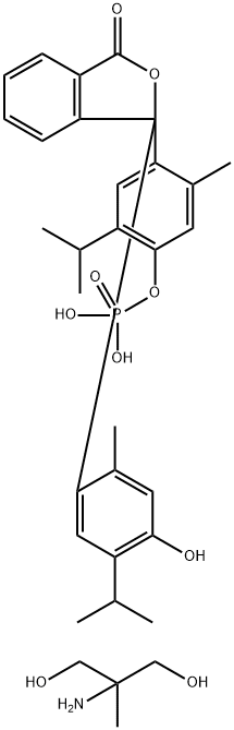 3-[4-ヒドロキシ-2-メチル-5-(1-メチルエチル)フェニル]-3-[2-メチル-5-(1-メチルエチル)-4-(ホスホノオキシ)フェニル]-3H-イソベンゾフラン-1-オン/2-アミノ-2-メチル-1,3-プロパンジオール,(1:2) 化学構造式
