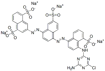 3-[[4-[[4-[(4-アミノ-6-クロロ-1,3,5-トリアジン-2-イル)アミノ]-5-ソジオスルホ-1-ナフタレニル]アゾ]-7-ソジオスルホ-1-ナフタレニル]アゾ]-1,5-ナフタレンジスルホン酸ジナトリウム 化学構造式