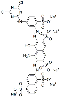 1-アミノ-7-［5-（4，6-ジクロロ-1，3，5-トリアジン-2-イル）アミノ-2-スルホフエニルアゾ］-2-（1，5-ジスルホ-2-ナフチルアゾ）-8-ヒドロキシナフタレン-3，6-ジスルホン酸のナトリウム塩 化学構造式