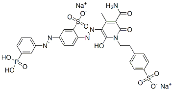 disodium 2-[[5-carbamoyl-1,6-dihydro-2-hydroxy-4-methyl-6-oxo-1-[2-(4-sulphonatophenyl)ethyl]-3-pyridyl]azo]-5-[(3-phosphonophenyl)azo]benzenesulphonate Struktur