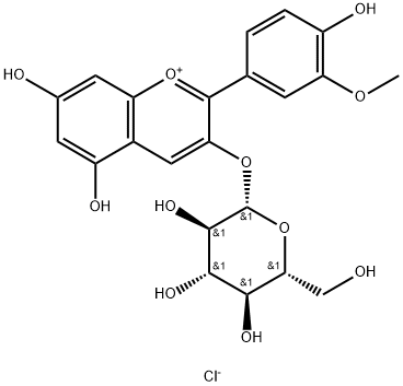 5,7-ジヒドロキシ-2-(4-ヒドロキシ-3-メトキシフェニル)-3-(β-D-グルコピラノシルオキシ)-1-ベンゾピリリウム·クロリド 化学構造式