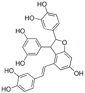 4-[2-[2-(3,4-ジヒドロキシフェニル)-3-(3,5-ジヒドロキシフェニル)-2,3-ジヒドロ-6-ヒドロキシベンゾフラン-4-イル]エテニル]-1,2-ベンゼンジオール 化学構造式