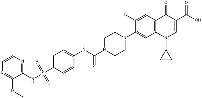 3-Quinolinecarboxylic acid, 1-cyclopropyl-6-fluoro-1,4-dihydro-7-[4-[[[4-[[(3-Methoxy-2-pyrazinyl)aMino]sulfonyl]phenyl]aMino]thioxoMethyl]-1-piperazinyl]-4-oxo- Struktur