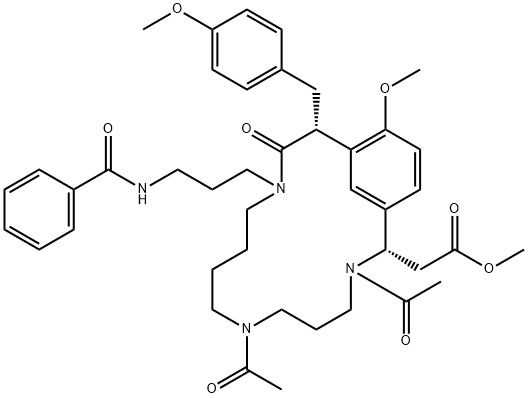 (2S,14R)-3,7-ジアセチル-12-[3-(ベンゾイルアミノ)プロピル]-16-メトキシ-14-[(4-メトキシフェニル)メチル]-13-オキソ-3,7,12-トリアザビシクロ[13.3.1]ノナデカ-1(19),15,17-トリエン-2-酢酸メチル 化学構造式