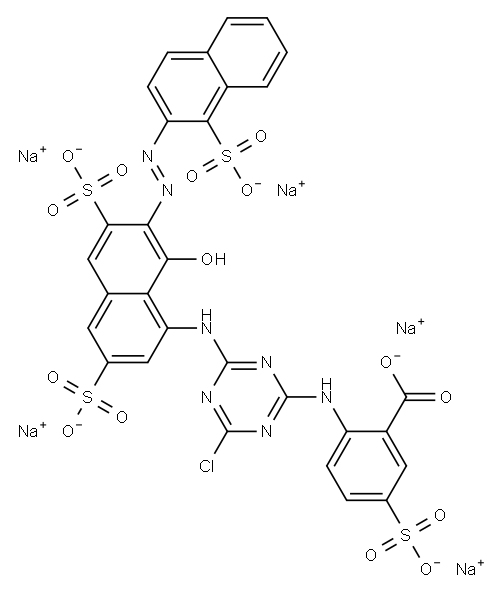 pentasodium 2-[[4-chloro-6-[[8-hydroxy-3,6-disulphonato-7-[(1-sulphonato-2-naphthyl)azo]-1-naphthyl]amino]-1,3,5-triazin-2-yl]amino]-5-sulphonatobenzoate Struktur