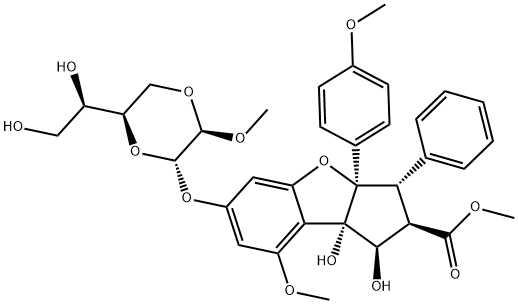 (1R,2R,3S,3AR,8BS)-6-[[(2S,3R,6R)-6-[(1R)-1,2-二羟基乙基]-3-甲氧基-1,4-二氧己环-2-基]氧基]-2,3,3A,8B-四氢-1,8B-二羟基-8-甲氧基-3A-(4-甲氧基苯基)-3-苯基-1H-环戊烯并[B]苯并呋喃-2-羧酸甲酯, 697235-38-4, 结构式