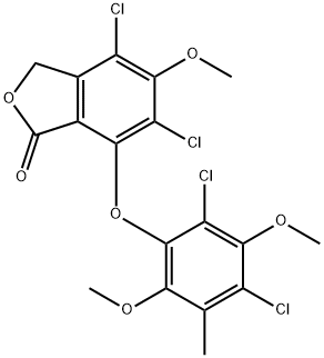 4,6-ジクロロ-7-(2,4-ジクロロ-3,6-ジメトキシ-5-メチルフェノキシ)-5-メトキシイソベンゾフラン-1(3H)-オン 化学構造式