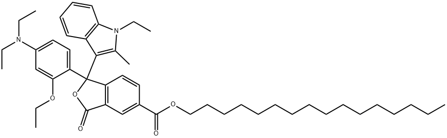 1-[4-(ジエチルアミノ)-2-エトキシフェニル]-1-(1-エチル-2-メチル-1H-インドール-3-イル)-1,3-ジヒドロ-3-オキソ-5-イソベンゾフランカルボン酸ヘキサデシル 化学構造式