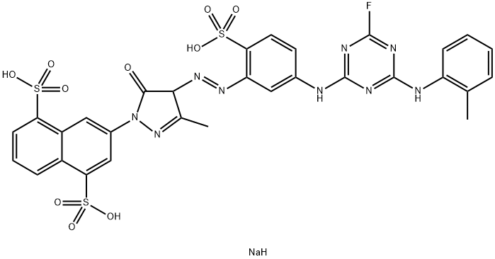 2-[3-{1-(4,8-ジスルホ-2-ナフチル)-3-メチル-5-ピラゾロン-4-イルアゾ}-4-スルホアニリノ]-4-フルオロ-6-o-トルイジノ-1,3,5-トリアジンのナトリウム塩 化学構造式