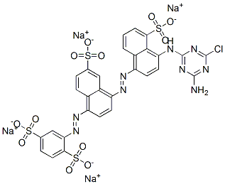 2-[4-[4-(4-アミノ-6-クロロ-1,3,5-トリアジン-2-イルアミノ)-5-(ソジオスルホ)-1-ナフタレニルアゾ]-6-(ソジオスルホ)-1-ナフタレニルアゾ]-1,4-ベンゼンジスルホン酸ジナトリウム 化学構造式