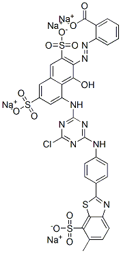 2-[8-[4-クロロ-6-[4-[6-メチル-7-(ソジオスルホ)ベンゾチアゾール-2-イル]フェニルアミノ]-1,3,5-トリアジン-2-イルアミノ]-1-ヒドロキシ-3,6-ジ(ソジオスルホ)-2-ナフタレニルアゾ]安息香酸ナトリウム 化学構造式