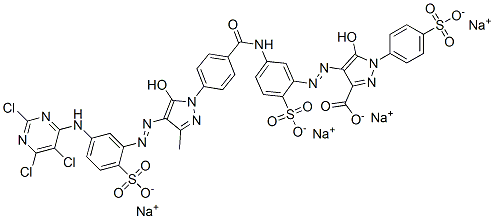 5-ヒドロキシ-4-[5-[4-[5-ヒドロキシ-3-メチル-4-[2-(ソジオスルホ)-5-(2,5,6-トリクロロピリミジン-4-イルアミノ)フェニルアゾ]-1H-ピラゾール-1-イル]ベンゾイルアミノ]-2-(ソジオスルホ)フェニルアゾ]-1-[4-(ソジオスルホ)フェニル]-1H-ピラゾール-3-カルボン酸ナトリウム 化学構造式