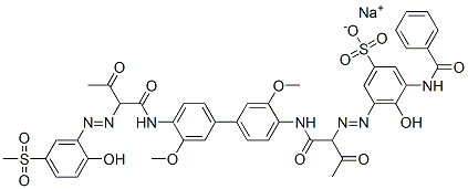 3-(ベンゾイルアミノ)-4-ヒドロキシ-5-[1-[4′-[2-[2-ヒドロキシ-5-(メチルスルホニル)フェニルアゾ]-1,3-ジオキソブチルアミノ]-3,3′-ジメトキシ-1,1′-ビフェニル-4-イルアミノカルボニル]-2-オキソプロピルアゾ]ベンゼンスルホン酸ナトリウム 化学構造式