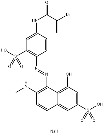 5-[4-(2-ブロモ-1-オキソ-2-プロペニルアミノ)-2-(ソジオスルホ)フェニルアゾ]-4-ヒドロキシ-6-(メチルアミノ)-2-ナフタレンスルホン酸ナトリウム 化学構造式