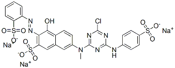 trisodium 7-[[4-chloro-6-[(4-sulphonatophenyl)amino]-1,3,5-triazin-2-yl]methylamino]-4-hydroxy-3-[(2-sulphonatophenyl)azo]naphthalene-2-sulphonate Struktur