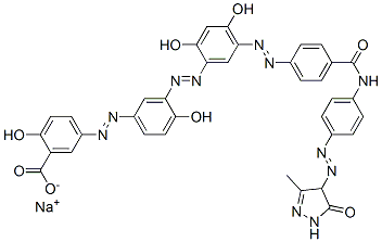 sodium 5-[[3-[[5-[[4-[[[4-[(4,5-dihydro-3-methyl-5-oxo-1H-pyrazol-4-yl)azo]phenyl]amino]carbonyl]phenyl]azo]-2,4-dihydroxyphenyl]azo]-4-hydroxyphenyl]azo]salicylate  Struktur