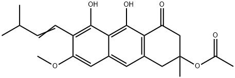 (+)-3-(アセチルオキシ)-3-メチル-3,4-ジヒドロ-8,9-ジヒドロキシ-6-メトキシ-7-(3-メチル-1-ブテニル)アントラセン-1(2H)-オン 化学構造式