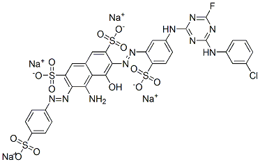 2-［3-｛8-アミノ-1-ヒドロキシ-3，6-ジスルホ-7-（4-スルホフエニルアゾ）-2-ナフチルアゾ｝-4-スルホアニリノ］-4-（3-クロロアニリノ）-6-フルオロ-1，3，5-トリアジンのナトリウム塩 化学構造式