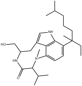 9-(1-エチル-1,5-ジメチルヘキシル)-1,2,4,5,6,8-ヘキサヒドロ-5-(ヒドロキシメチル)-1-メチル-2-イソプロピル-3H-ピロロ[4,3,2-gh]-1,4-ベンゾジアゾニン-3-オン 化学構造式