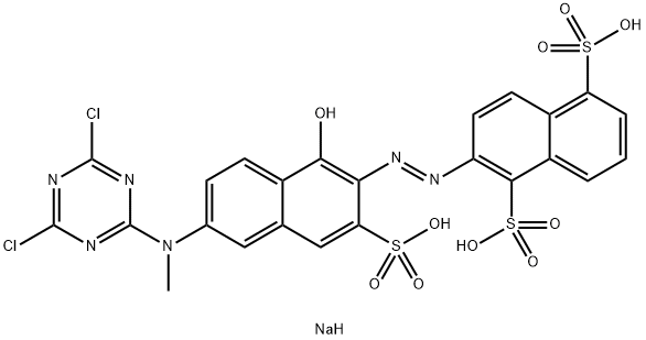 trisodium 2-[[6-[(4,6-dichloro-1,3,5-triazin-2-yl)methylamino]-1-hydroxy-3-sulphonato-2-naphthyl]azo]naphthalene-1,5-disulphonate  Struktur