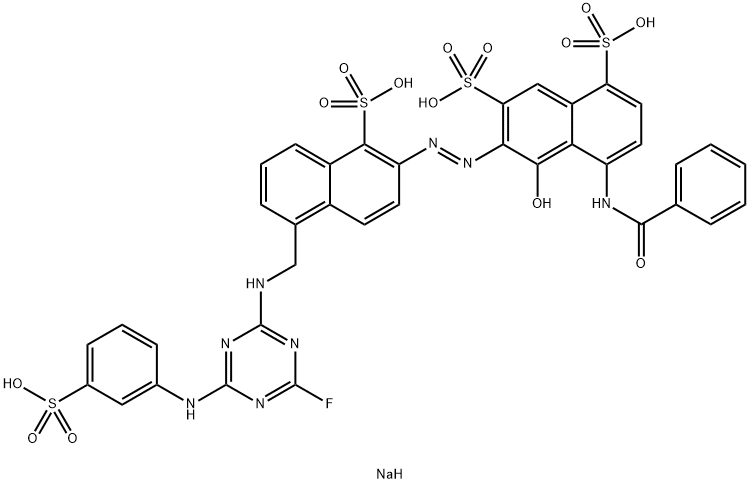 1-Hydroxy-8-benzoylamino-2-[1-sulfo-5-[4-fluoro-6-(3-sulfoanilino)-1,3,5-triazin-2-yl]aminomethyl-2-naphtylazo]-3,5-naphthalenedisulfonic acid tetrasodium salt Struktur