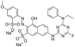 disodium 7-[[4-(ethylphenylamino)-6-fluoro-1,3,5-triazin-2-yl]amino]-4-hydroxy-3-[(4-methoxy-2-sulphonatophenyl)azo]naphthalene-2-sulphonate Structure
