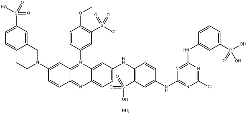 Phenazinium, 3-[[4-[[4-chloro-6-[(3-phosphonophenyl)amino]-1,3,5-triazin-2-yl]amino]-2-sulfophenyl]amino]-7-[ethyl[(3-sulfophenyl)methyl]amino]-5-(4-methoxy-3-sulfophenyl)-, hydroxide, inner salt, triammonium salt Struktur