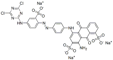 trisodium 8-amino-5-[[4-[[4-[(4,6-dichloro-1,3,5-triazin-2-yl)amino]-2-sulphonatophenyl]azo]phenyl]amino]-9,10-dihydro-9,10-dioxoanthracene-1,7-disulphonate Structure