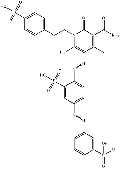 2-[[[5-(アミノカルボニル)-1,6-ジヒドロ-2-ヒドロキシ-4-メチル-6-オキソ-1-[2-(4-スルホフェニル)エチル]ピリジン]-3-イル]アゾ]-5-[(3-ホスホノフェニル)アゾ]ベンゼンスルホン酸 化学構造式