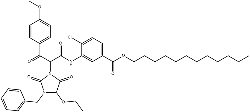 alpha-(4-甲氧基苯甲酰基)-alpha-(1-苄基-5-乙氧基海因)-2-氯-5-十二烷氧基羰基乙酰苯胺, 70950-45-7, 结构式
