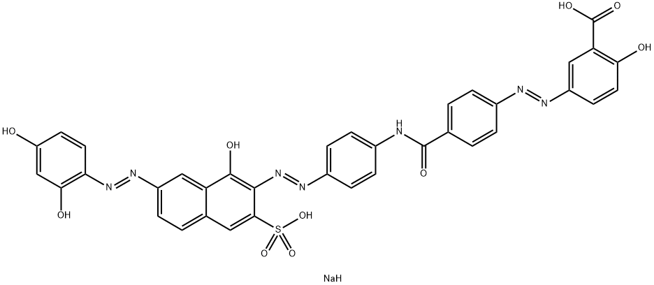 2-ヒドロキシ-5-[[4-[[4-[[1-ヒドロキシ-7-[(2,4-ジヒドロキシフェニル)アゾ]-3-ソジオスルホ-2-ナフタレニル]アゾ]フェニル]アミノカルボニル]フェニル]アゾ]安息香酸ナトリウム 化学構造式