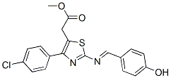 4-(p-クロロフェニル)-2-[(p-ヒドロキシベンジリデン)アミノ]-5-チアゾール酢酸メチル 化学構造式