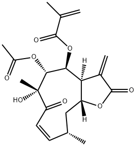 2-Methylpropenoic acid [(3aS,4S,5R,6R,8Z,10S,11aR)-5-acetoxy-2,3,3a,4,5,6,7,10,11,11a-decahydro-6-hydroxy-6,10-dimethyl-3-methylene-2,7-dioxocyclodeca[b]furan-4-yl] ester Structure