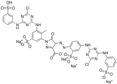 1H-Pyrazole-3-carboxylic acid, 1-[3-[[4-chloro-6-[(3-sulfophenyl)amino]-1,3,5-triazin-2-yl]amino]-2-methyl-5-sulfophenyl]-4-[[4-[[4-chloro-6-[(3-sulfophenyl)amino]-1,3,5-triazin-2-yl]amino]-2-sulfophenyl]azo]-4,5-dihydro-5-oxo-, tetrasodium Struktur
