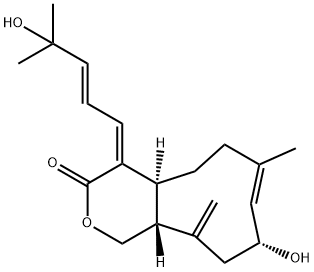4,4a,5,6,9,10,11,11a-Octahydro-9-hydroxy-4-(4-hydroxy-4-methyl-2-pentenylidene)-7-methyl-11-methylenecyclonona[c]pyran-3(1H)-one Struktur