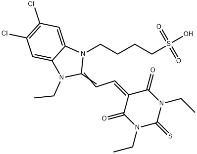 5,6-ジクロロ-2-[2-[(1,3-ジエチルヘキサヒドロ-4,6-ジオキソ-2-チオキソピリミジン)-5-イリデン]エチリデン]-3-エチル-2,3-ジヒドロ-1H-ベンゾイミダゾール-1-(1-ブタンスルホン酸) 化学構造式