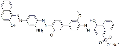 3-[[4'-[[2-アミノ-4-[(2-ヒドロキシ-1-ナフタレニル)アゾ]フェニル]アゾ]-3,3'-ジメトキシ[1,1'-ビフェニル]-4-イル]アゾ]-4-ヒドロキシナフタレン-1-スルホン酸ナトリウム 化学構造式