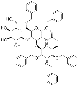 苄基 O-6-脱氧-2,3,4-三-O-(苯基甲基)-ALPHA-L-吡喃半乳糖基-(1-3)-O-[BETA-D-吡喃半乳糖基-(1-4)]-2-(乙酰氨基)-2-脱氧-6-O-(苯基甲基)-ALPHA-D-吡喃葡萄糖苷, 71208-05-4, 结构式