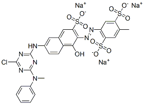 trisodium 4-[[6-[[4-chloro-6-(methylphenylamino)-1,3,5-triazin-2-yl]amino]-1-hydroxy-3-sulphonato-2-naphthyl]azo]toluene-2,5-disulphonate Struktur