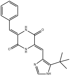 (3Z,6Z)-3-[(5-叔丁基-1H-咪唑-4-基)亚甲基]-6-(苯亚甲基)-2,5-哌嗪二酮, 714272-27-2, 结构式