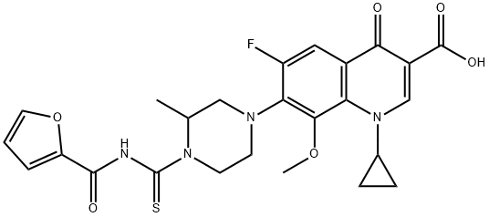 3-Quinolinecarboxylic acid, 1-cyclopropyl-6-fluoro-7-[4-[[(2-furanylcarbonyl)aMino]thioxoMethyl]-3-Methyl-1-piperazinyl]-1,4-dihydro-8-Methoxy-4-oxo- Struktur