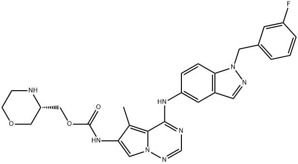 [4-[[1-(3-フルオロベンジル)-1H-インダゾール-5-イル]アミノ]-5-メチルピロロ[2,1-f][1,2,4]トリアジン-6-イル]カルバミン酸(S)-モルホリン-3-イルメチル 化学構造式