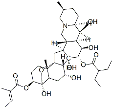 Cevane-3,4,7,14,15,16,20-heptol, 4,9-epoxy-, 15-(2-ethylbutanoate) 3-(2-methyl-2-butenoate), 3.beta.(Z),4.alpha.,7.alpha.,15.alpha.(R),16.beta.- 化学構造式