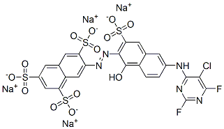 tetrasodium 7-[[6-[(5-chloro-2,6-difluoro-4-pyrimidinyl)amino]-1-hydroxy-3-sulphonato-2-naphthyl]azo]naphthalene-1,3,6-trisulphonate Struktur