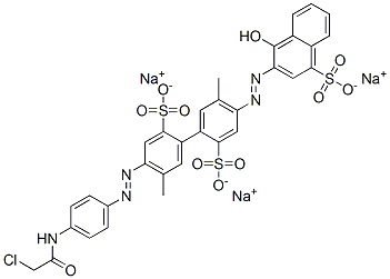 trisodium 4-[[4-[(chloroacetyl)amino]phenyl]azo]-4'-[(1-hydroxy-4-sulphonato-2-naphthyl)azo]-5,5'-dimethyl[1,1'-biphenyl]-2,2'-disulphonate Structure