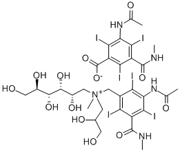 D-Glucammonium, N-(3-acetamido-5-(methylcarbamoyl)-2,4,6-triiodobenzyl )-N-(2,3-dihydroxypropyl)-N-methyl-, (3-acetamido-5-methylcarbamoyl-2, 4,6-triiodo)-, benzoate Struktur