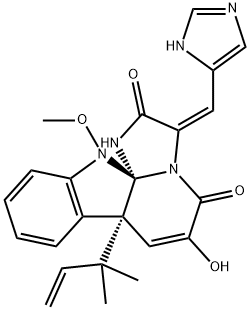 [3E,7aR,12aS,(-)]-7a-(1,1-ジメチル-2-プロペニル)-7a,12-ジヒドロ-6-ヒドロキシ-3-(1H-イミダゾール-4-イルメチレン)-12-メトキシ-1H,5H-イミダゾ[1',2':1,2]ピリド[2,3-b]インドール-2(3H),5-ジオン 化学構造式