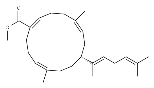 (1E,5E,8R,11E)-8-[(1E)-1,5-ジメチル-1,4-ヘキサジエニル]-5,11-ジメチル-1,5,11-シクロテトラデカトリエン-1-カルボン酸メチル 化学構造式