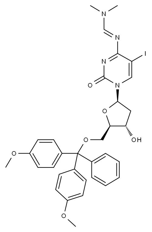 5'-O-(DIMETHOXYTRITYL)-N4-DIMETHYLAMINOMETHYLIDENE-5-IODO-2'-DEOXYCYTIDINE 化学構造式