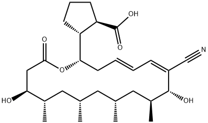 2-(7-シアノ-8,16-ジヒドロキシ-9,11,13,15-テトラメチル-18-オキソ-1-オキサシクロオクタデカ-4,6-ジエン-2-イル)シクロペンタン-1-カルボン酸 化学構造式